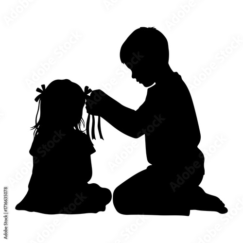 Boy ties ribbons in girls hair silhouette siblings