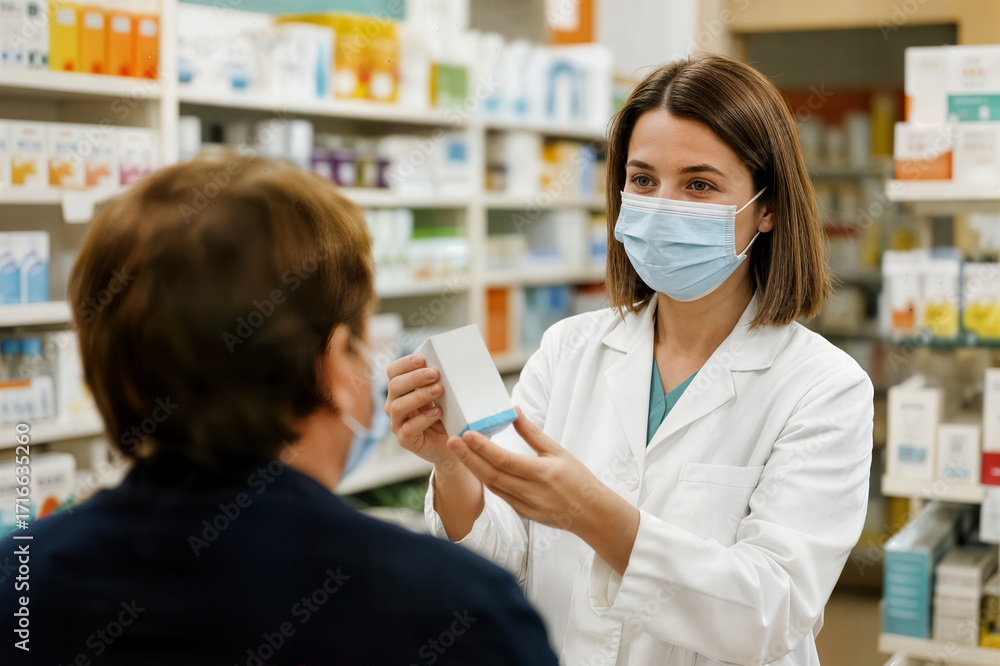 Obraz premium pharmacist serving customer at drug store concept mockup farmacéutico atendiendo a un cliente en una farmacia pharmacien servant un client dans une pharmacie eczane eczacı