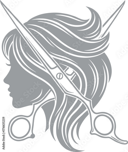 Hair salon vector illustration with woman profile, flowing hair, diagonal scissors, monochrome design, beauty concept, haircut symbol, fashion branding art
