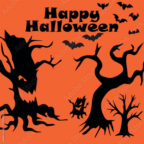 halloween vector illustration. A postcard with the text Happy Halloween inscription. Black silhouettes of the autumn holiday. Trees, bats on a bright orange background.