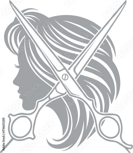 Hairdressing vector illustration with monochrome profile, flowing hair, crossed scissors, salon branding design, beauty concept, elegant hairstyle and fashion
