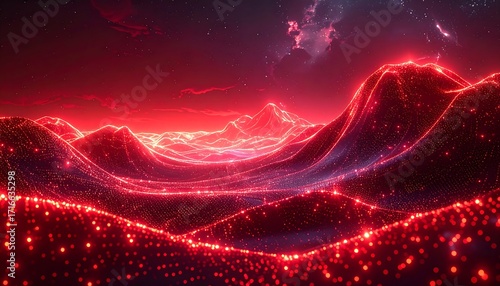 A vibrant digital landscape of glowing red mountains under a starlit sky.