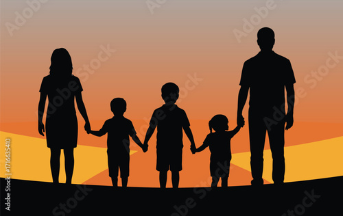 Family Silhouette Holding Hands at Sunset, Parents and Children Standing Together in a Field, Loving Relationship Vector