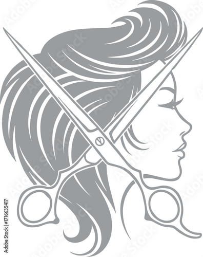 Hair salon vector illustration with woman profile, flowing hairstyle, open scissors, beauty concept, elegant design, hairdressing and fashion theme