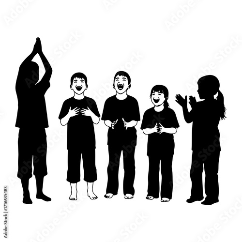 Children clapping and laughing silhouettes black and white