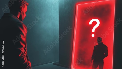 A man contemplates a mysterious red door with a question mark, symbolizing uncertainty and choices