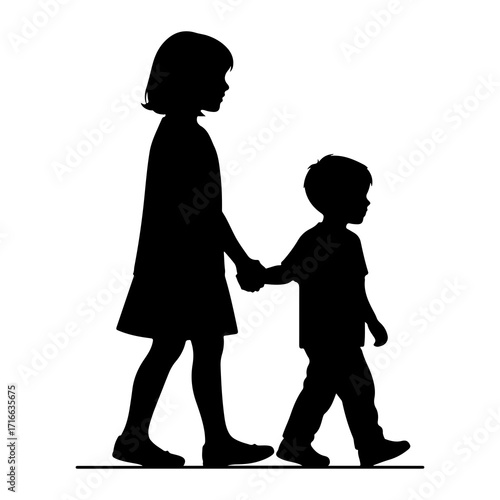 Children holding hands walking siblings silhouette