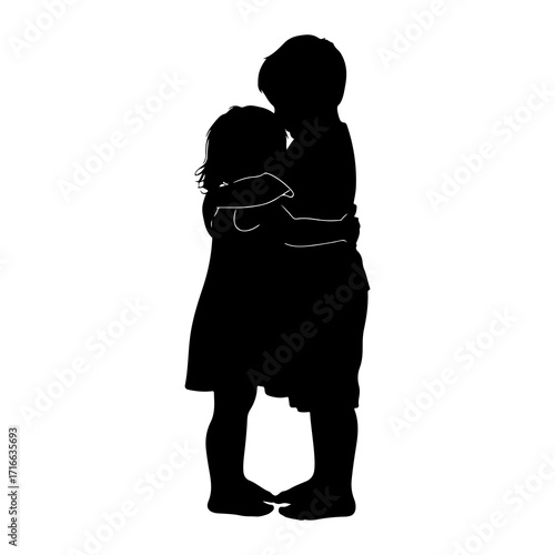 Children hugging embracing tenderly silhouette siblings