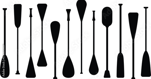 Canoe paddles and oars silhouette illustration set in black and white vector art design with isolated flat graphic style for water sport activity, canoeing, kayaking, and rafting concepts