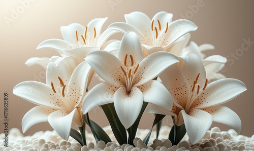 A close-up of a cluster of white lilies, softly lit and elegant