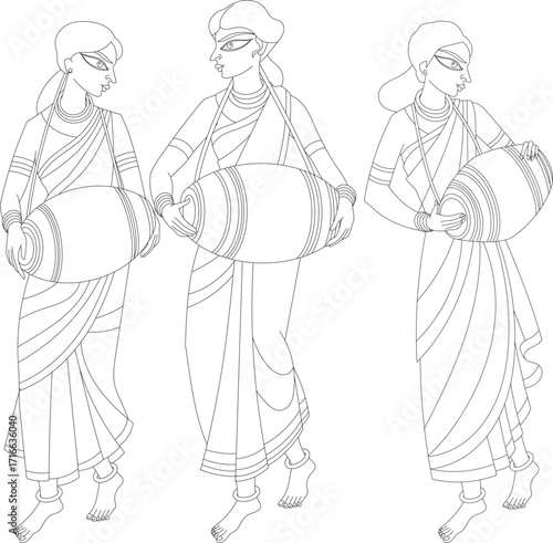 Lord's Gopika, Sevika, or lady servants have drawn in Indian folk art, Kalamkari, Madhubai style. for textile printing, logo, wallpaper