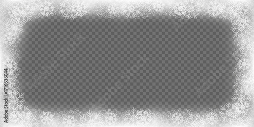Snow frozen frame effect with snowflakes on window transparent vector background