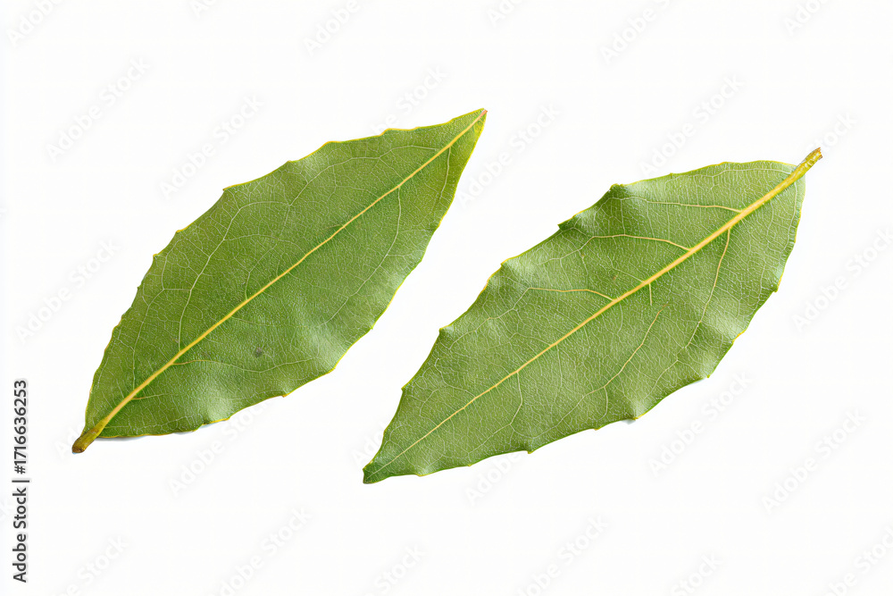 Fototapeta premium Two bay leaves isolated on white background, natural cooking spice and aromatic herb