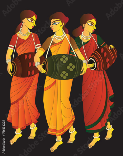 Lord's Gopika, Sevika, or lady servants have drawn in Indian folk art, Kalamkari, Madhubai style. for textile printing, logo, wallpaper