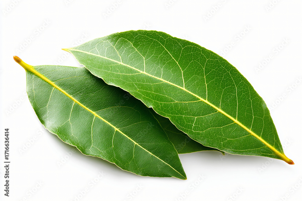 Obraz premium Pair of fresh bay leaves isolated on white background, aromatic seasoning herb for cooking