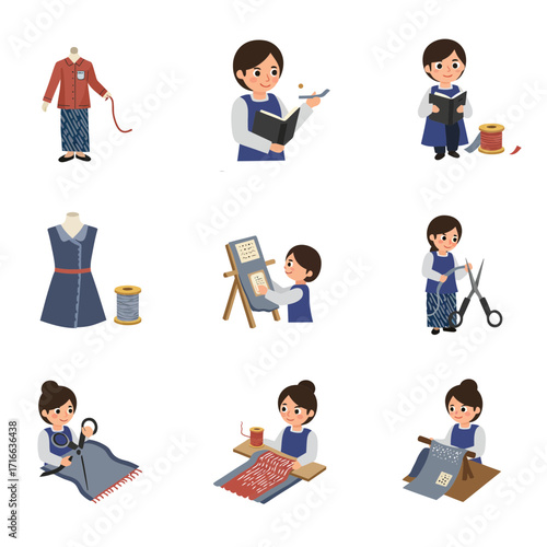 A collection of illustrations depicting women engaged in various textile arts, including design, sewing, embroidery, and weaving.