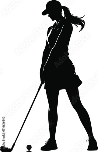 Elegant silhouette of a woman golfer in a dress and cap, getting ready to hit a golf ball with a club vector art illustration.