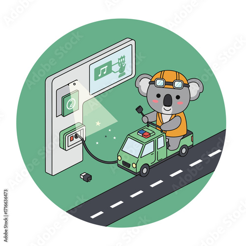 A cute koala engineer charges his miniature electric vehicle at a smart home charging station.