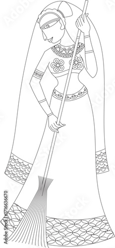 Lord's Gopika, Sevika, or lady servants have drawn in Indian folk art, Kalamkari, Madhubai style. for textile printing, logo, wallpaper
