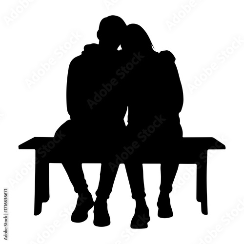 Couple embracing on bench silhouette black