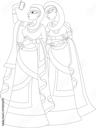 Lord's Gopika, Sevika, or lady servants have drawn in Indian folk art, Kalamkari, Madhubai style. for textile printing, logo, wallpaper