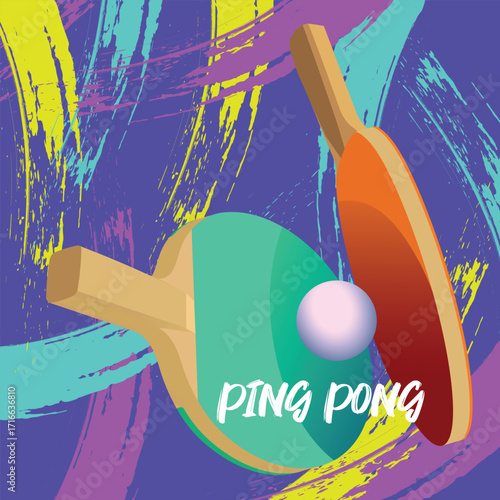 Ping pong tournament, table tennis competition poster, rackets, ball, abstract background, realistic brush stroke texture. Banner for professional championship, training, racket sports education