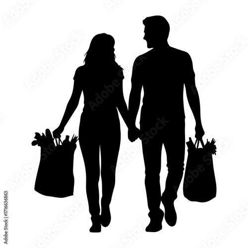 Couple holding hands carrying groceries shopping bags
