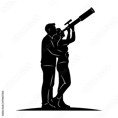 Couple looking through telescope stargazing looking up