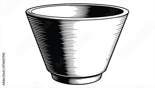 Vector art of monochrome illustration of a flower pot, the pot is depicted in a vintage style, with detailed line work creating a sense of depth and texture, perfect for adding a classic touch
