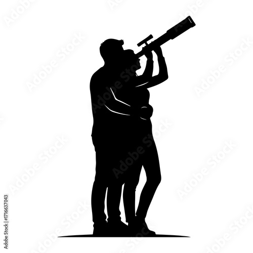Couple observing stars with telescope stargazing night sky