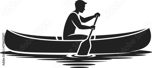 Man paddling a canoe in water, black and white vector silhouette illustration for outdoor adventure, canoeing sport, and summer recreation concepts.
