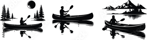 man kayaking in canoe on lake with mountains and sunset reflections, outdoor adventure vector illustration for travel, sport, recreation, lifestyle design