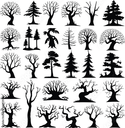 Vector art of collection of diverse tree silhouettes, showcasing various shapes and sizes, perfect for naturethemed designs and illustrations