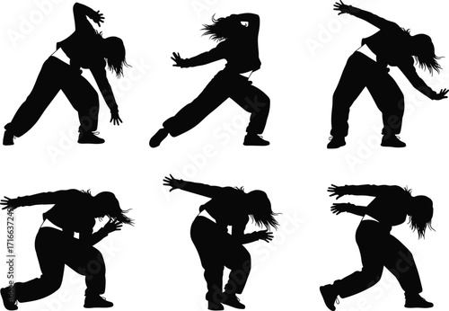 Dance silhouettes, hip hop dancer, street dance poses, modern choreography, expressive movement, performance art, freestyle motion, energetic figure, urban style, dance illustration