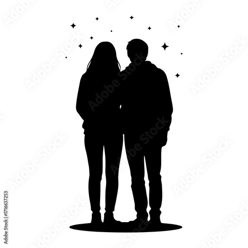 Couple silhouette under starry sky black white