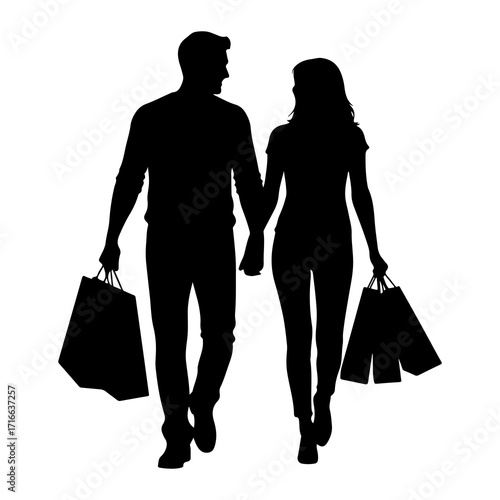 Couple walking holding hands carrying shopping bags