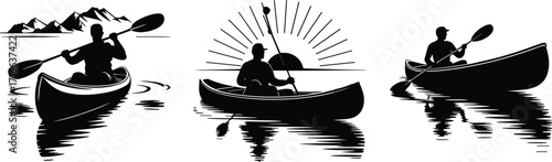 Silhouette of man kayaking in canoe on lake with mountains and sunset reflections, outdoor adventure vector illustration for travel, sport, recreation, lifestyle design