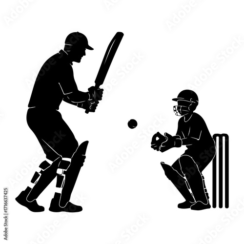 Cricket batsman and catcher silhouettes wicket ball