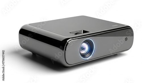 Sleek Silver Projector with Illuminated Lens on Black Background.