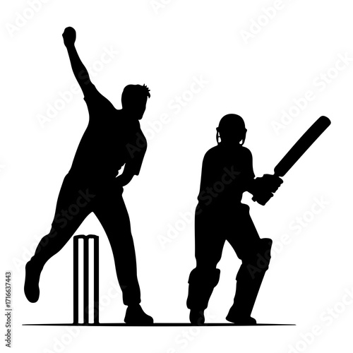Cricket bowler and batsman silhouettes sport game