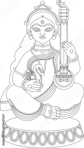Saraswati Maa with veena and swan illustration on a white background