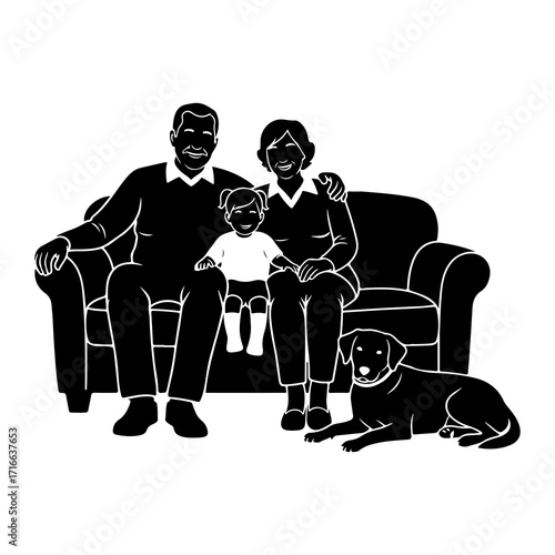 Family and dog on sofa grandparents child