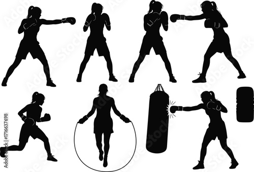Female boxer silhouettes, boxing training poses, martial arts workout, punching bag practice, kickboxing exercise, fitness athlete, combat sport illustration, strength conditioning
