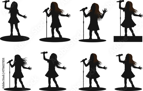Girl singing silhouette, female vocalist performance, microphone stand pose, music concert illustration, stage singer art, entertainment design, pop star vector, live show