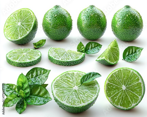 High-resolution image of limes, whole and sliced, with leaves