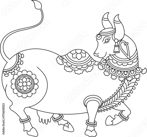 Indian Bull in Indian folk kalamkari style, for textile printing, logo, wallpaper	
