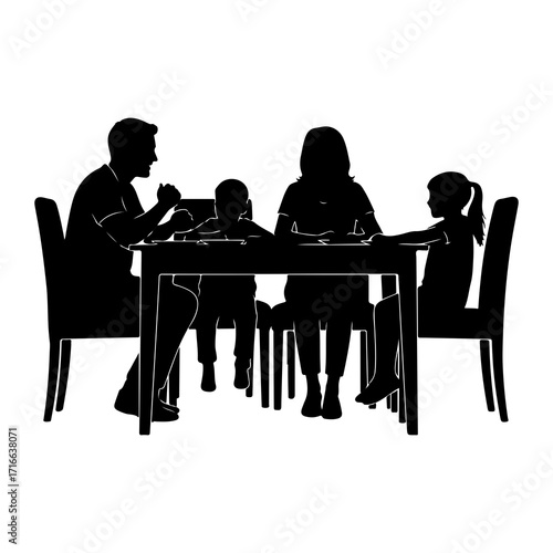 Family gathered around dining table chairs people