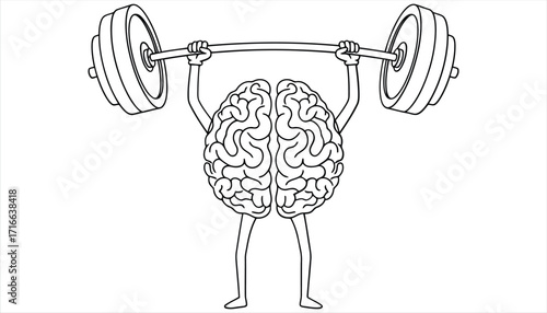 Vector art of brain lifting barbell illustration in black and white, representing mental strength, cognitive function, and the power of knowledge concept of intellectual
