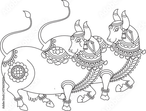 Indian Bull in Indian folk kalamkari style, for textile printing, logo, wallpaper	
