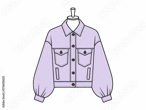 Fashionable Pastel Lavender Jacket with Oversized Sleeves and Pockets Ideal for Spring Wardrobe Updates and Designer Fashion Illustrations